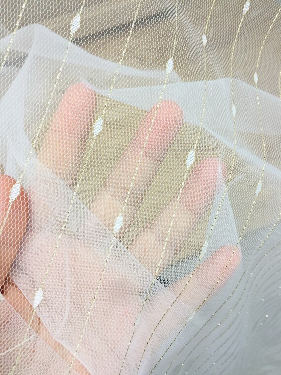 Off white black delicate gold polka dot pattern Tulle Lace Fabric Wedding Fabric soft Tulle Lace Fabric for Illusion Gowns 59"