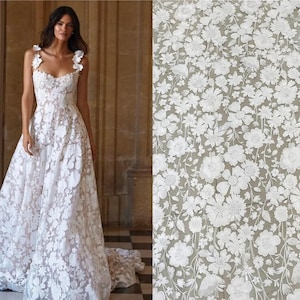 White Cotton Flower Embroidery Lace Fabric Soft Tulle Floral For Wedding Fabric Bridal Dress Fabric Gown Lace Veil Lace  51" width