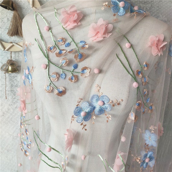 1 Yard 3D Pink Flower Pompom Tulle Exquisite Flower Embroidery