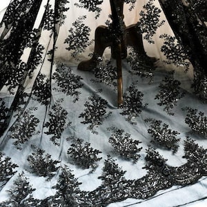 1 yard Black Paillette Sequin Eyelash flower embroidery exquisite black tulle fabric wedding lace bridal lace dress veil lace 51" width