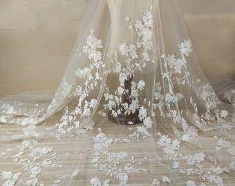 Lace Fabric Off White Wedding Lace Bridal Floral Embroidery Tulle Lace Fabric, 51" Width Embroidered Mesh Lace Fabric By Yard