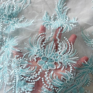 Light Blue Beaded Sequin soft Tulle Lace Fabric Floral  Embroidery Couture For Baby Tutu Fabric Wedding Fabric Veil Fabric  Dress Fabric 51&quot;