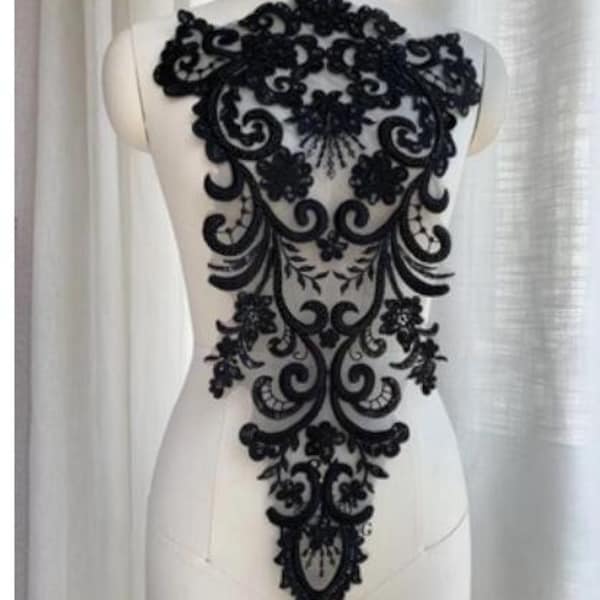 High Quality Lace Applique White Black Beaded Retro Embroidery flower Patch Motif Costume Wedding Bodice Bridal Veil Accessories