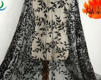 Black Illusion Leaf Embroidered Lace Fabric Leaf Branch tulle fabric Wedding Dress Fabric Dress Veil Bridal Lace Fabric 51" width