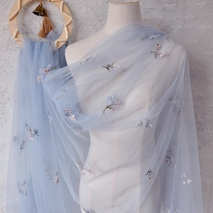 Lace Fabric Blue Tulle Small Flower Embroidered Couture Dress Prom Dress For Wedding Dress Veil Costume Supplies 59&quot; wide