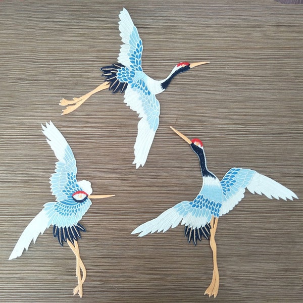 3pcs Lace Applique Red-crowned Crane Blue Embroidery flower Patch Motif Costume Wedding Bodice Bridal Veil Accessories High Quality