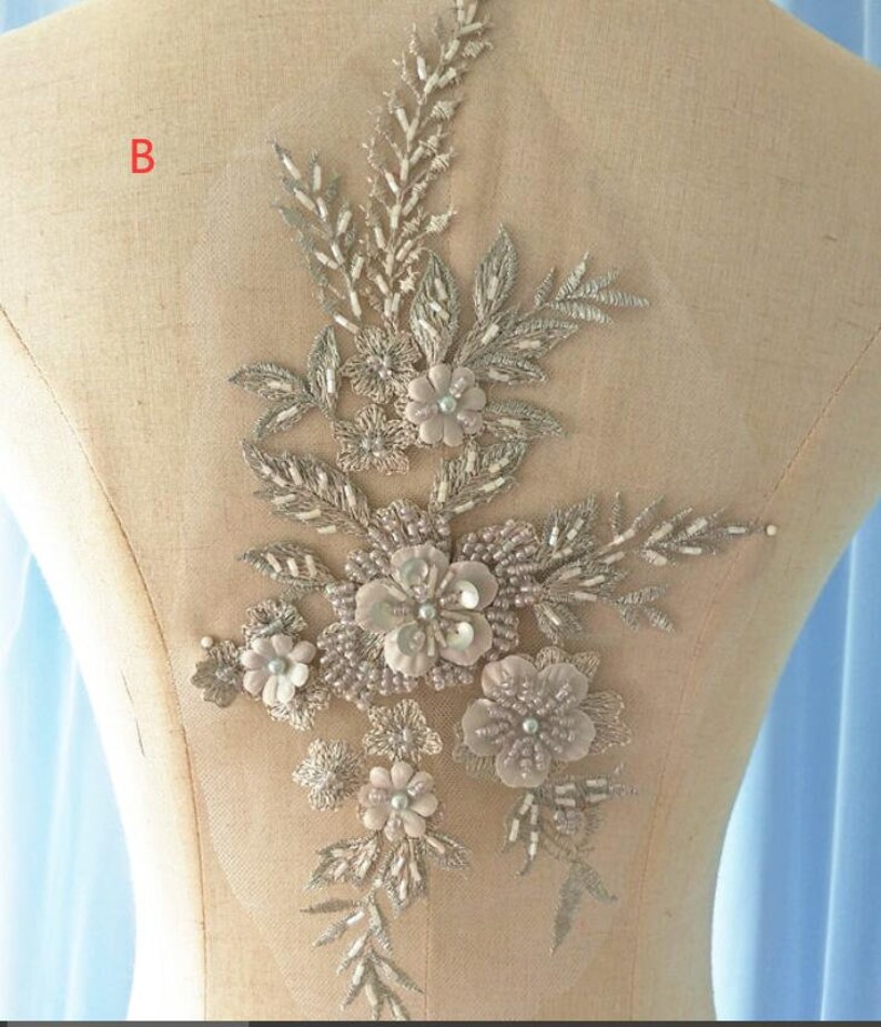 9 color 3D flower sequin bead pearl Lace Applique embroidered bodice lace applique lace bodice for bridal dress altering wedding applique image 3