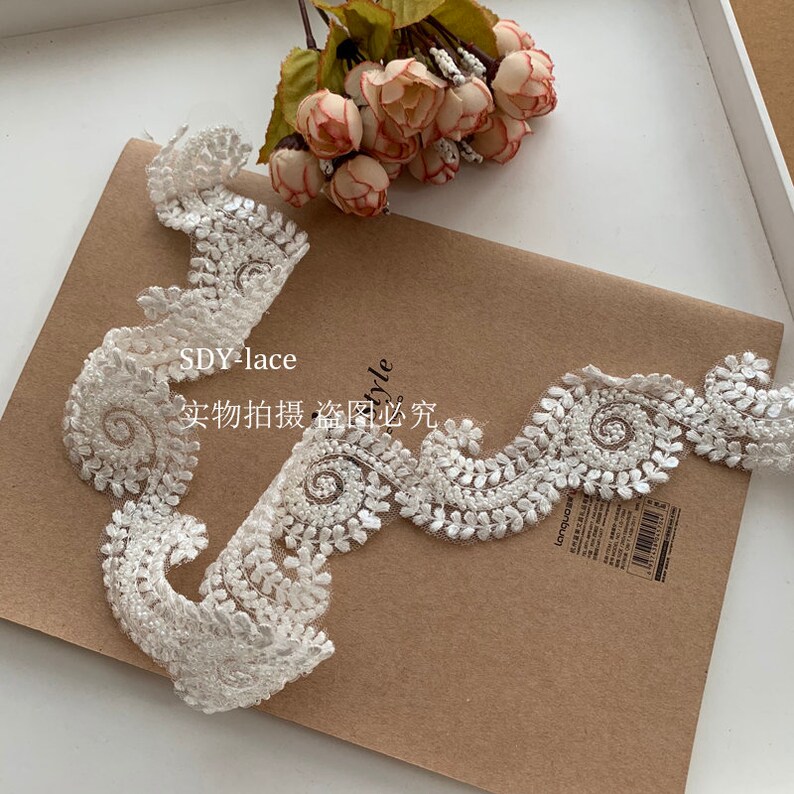 1 yards Lace trim bead pearl flower embroidery exquisite alice lace alencon embroidery wedding lace bridal lace dress fabric 1.96 width