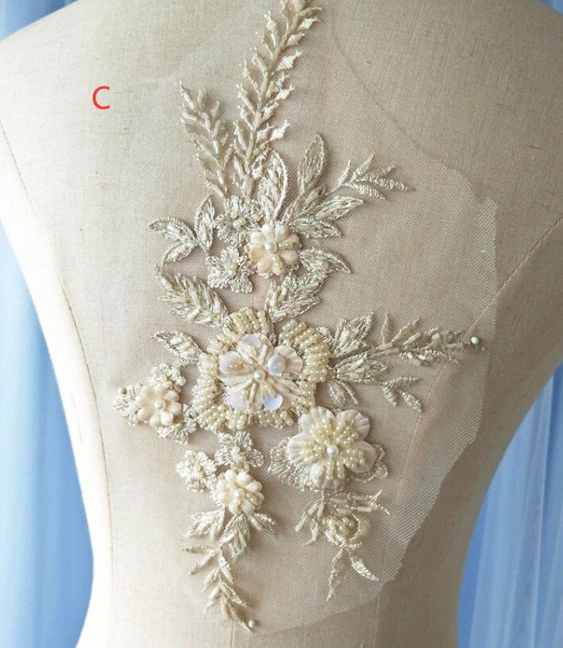 9 color 3D flower sequin bead pearl Lace Applique embroidered bodice lace applique lace bodice for bridal dress altering wedding applique image 4
