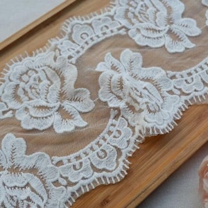 2 Yards Lace Trim White Tulle Cotton Rose Retro Flower Floral Embroidered Scalloped Tulle bridal lace wedding lace 6.49" width