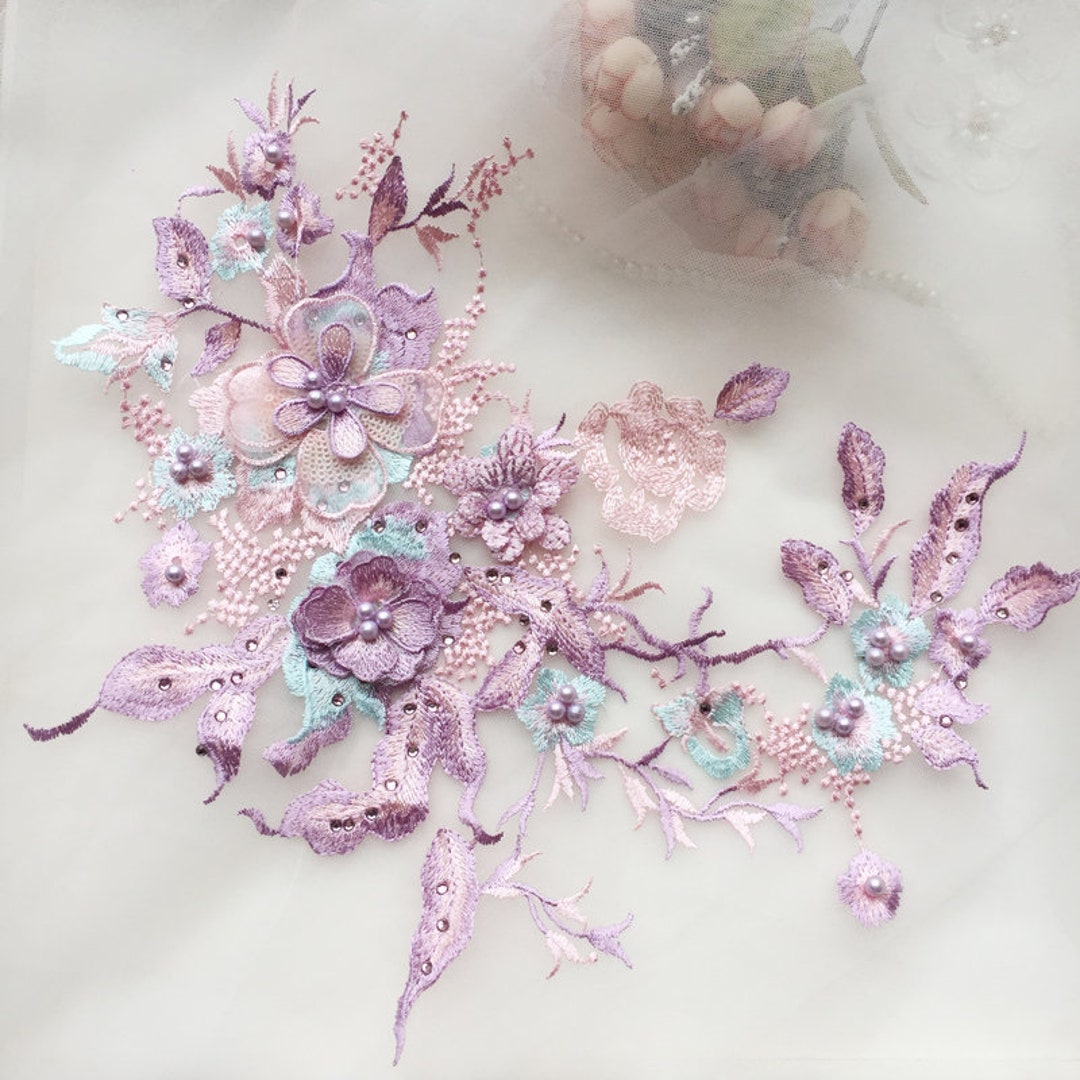 4 Colors 1 Pc 3d Pink Purple Flower Lace Applique Bead Embroidery