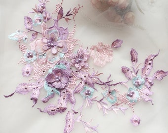 4 colors 1 pc 3d pink purple flower Lace Applique bead embroidery bodice applique bodice for altering Super Luxury Bridal wedding applique