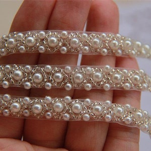 1 yard off-White Pearl Beaded Lace Trim Wedding Dress Belt Brial Sash Jewelry Design 1cm width