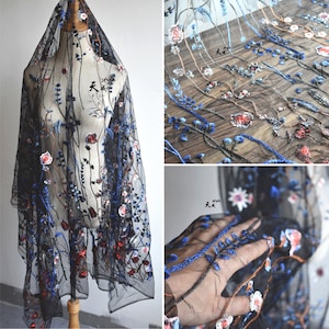 lace fabric blue flower exquisite embroidery soft black tulle fabric wedding lace bridal lace dress fabric 51" wide by the yard high quality