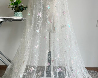 2 Color Colorful Sequin Butterfly White Tulle Lace Fabric Embroidery For Couture Dress Prom Dress Wedding Dress Veil Costume