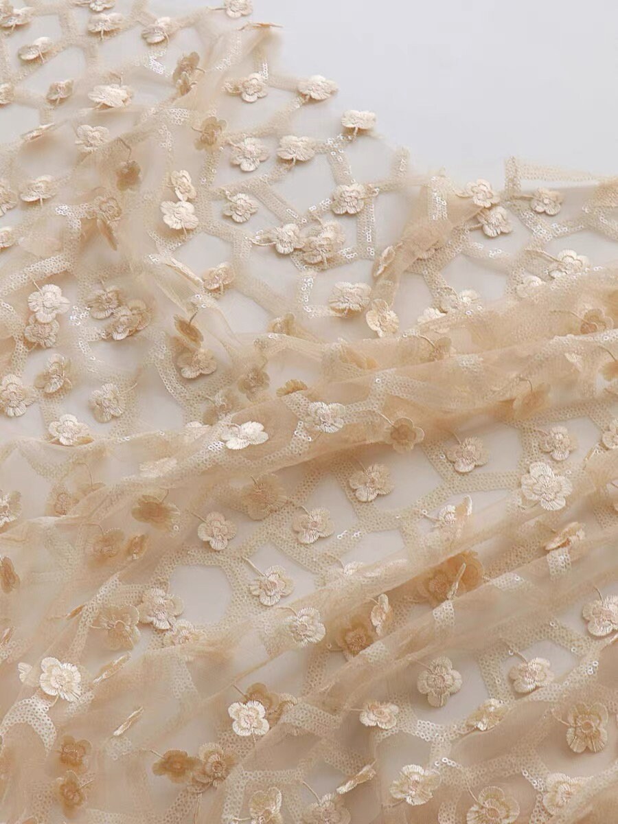 Champagne 3D Flower Sequin Lace Fabric Floral Embroidery Couture for ...