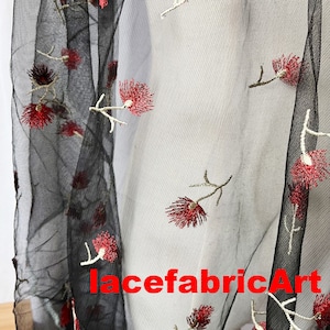 New Arrivel black Tulle red flower embroidery soft tulle Lace Fabric Floral Embroidered Tulle for Dress Bridal Veil Floral Lace 51&quot; width