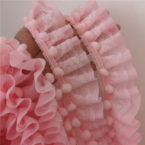 Lace trim pink chiffon 3d pompom lace tutu tulle pleated ruffled Floding Lolita Lace wedding lace bridal lace dress fabric veil lace