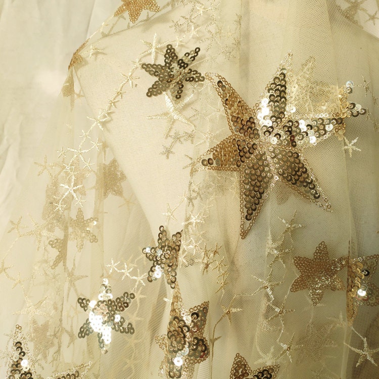 Gold Glitter Sequin Star Moon Horse White Tulle Flower Lace 