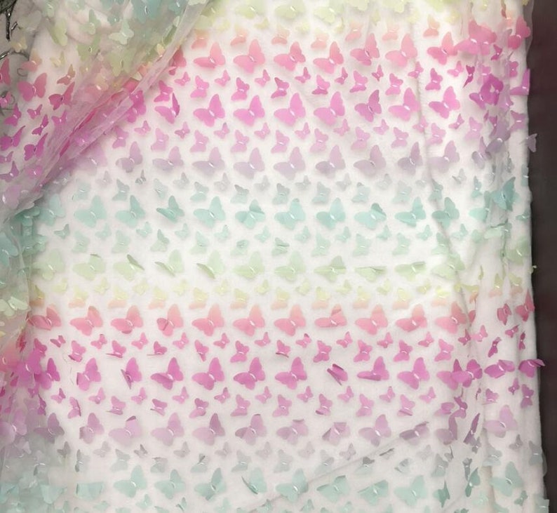 3D Rainbow Butterfly Lace fabric Gradient floral embroidery soft wedding lace bridal lace dress fabric veil lace 51 width by the yard