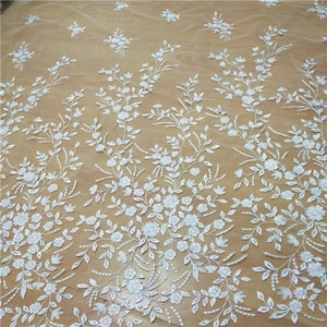 Lace Fabric Ivory Sequin Leaf Flowers Embroidered Exquisite Tulle Couture Dress Prom Dress For Wedding Dress Veil Costume Supplies 51&quot; width
