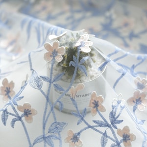 Lace Fabric ivory tulle 3D pink blue flower Floral Embroidered Tulle Fabric Dress Bridal Veil Floral 51&quot; width 1 yard
