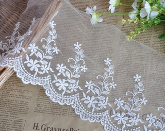 2 yards Lace Trim White Exquisite Tulle Flower Embroidery Wedding Bride Lace 5.9" width High Quality