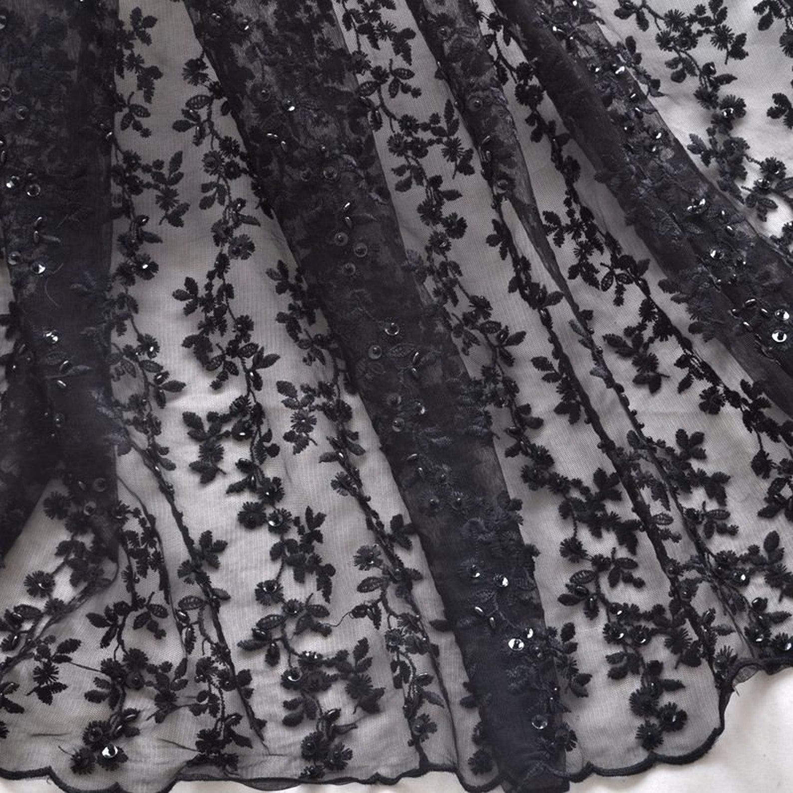 Lace Fabric Black Tulle Beaded Pearl Flower Embroidery Wedding Etsy India