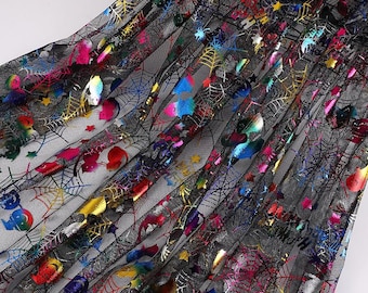 Black Tulle Colorful Spider Web Print Lace Fabric Soft Tulle for Cosplay Costume Halloween Decorations Lace Fabric
