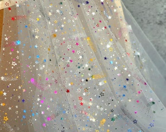 Glitter print rainbow colored star lace fabric exquisite soft tulle for wedding lace bridal lace dress fabric veil lace baby tutu dress