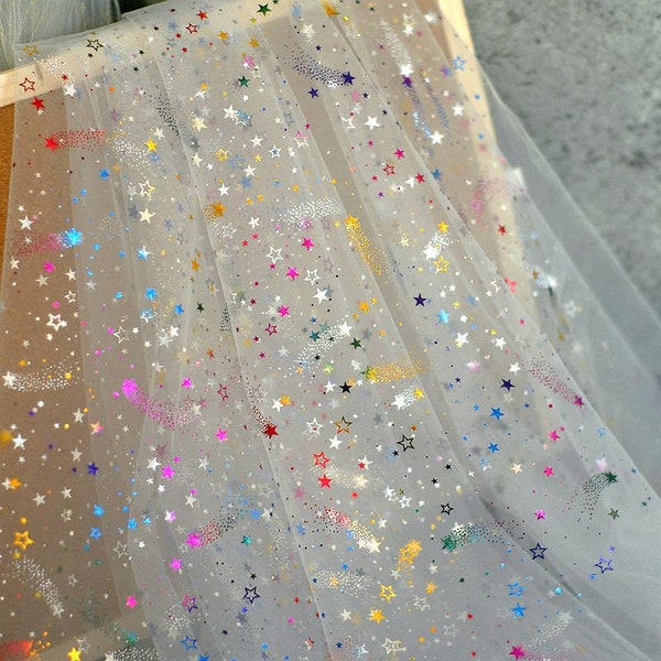 Glitter print rainbow colored star lace fabric exquisite soft tulle for wedding lace bridal lace dress fabric veil lace baby tutu dress