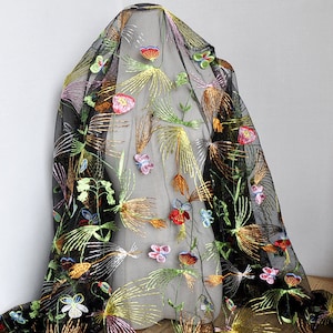 Lace fabric soft black tulle colorful butterfly flower embroidery soft wedding lace bridal lace dress fabric veil lace 51&quot; width by the yard