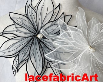 2 colors 2pcs White Black 3D Flower Bead Pearl Organza Super Luxury Lace Appliques Exquisite For Wedding Dress Grown Bridal Veil applique