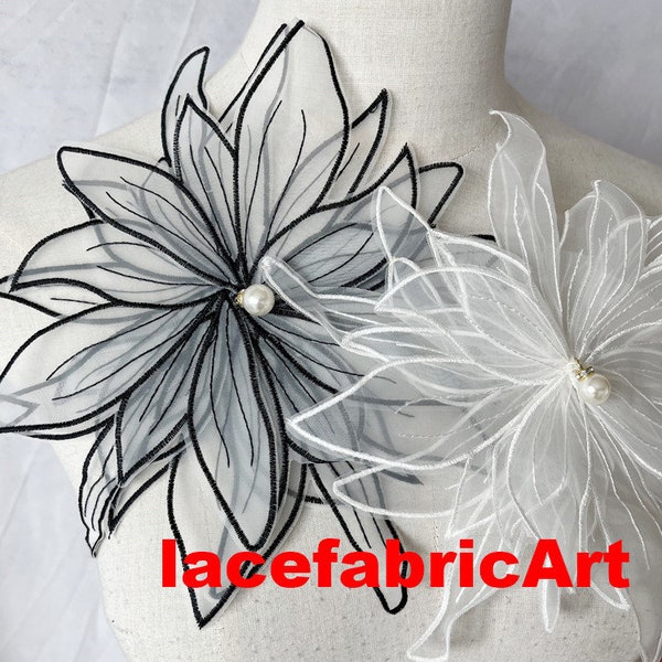 2 colors 2pcs White Black 3D Flower Bead Pearl Organza Super Luxury Lace Appliques Exquisite For Wedding Dress Grown Bridal Veil applique