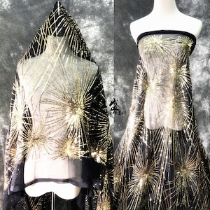 Guldpaljett Svart Tyll Spets Tyg Broderi Utsökt Tyll Couture För Baby Tutu Klänning Bröllopsklänning Slöja Kostymtillbehör 51" bred