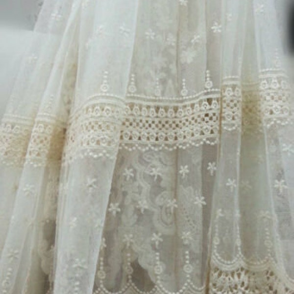 Exquisite beige tulle Lace fabric both edges cotton flower embroidery soft wedding lace bridal lace dress fabric veil lace 49" width