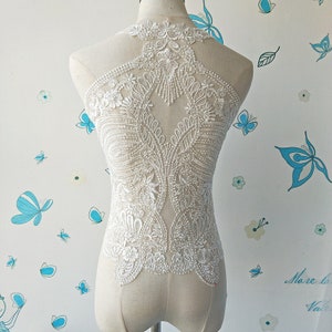 1 pc ivory bead pearl flower Lace Applique bead embroidery bodice applique for altering Super Luxury Bridal wedding applique