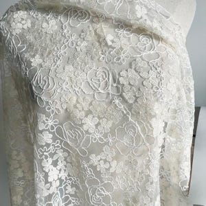 May include: White floral embroidered lace fabric with a delicate pattern of small flowers and larger roses. The lace is sheer and has a soft, flowing texture.