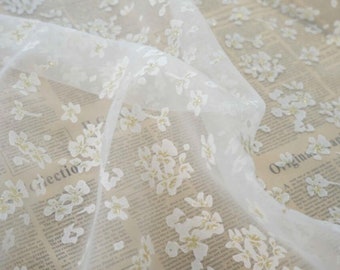 Lace fabric off white organza fabric flower print gold glitter wedding lace bridal lace dress fabric veil lace 51" width by the yard