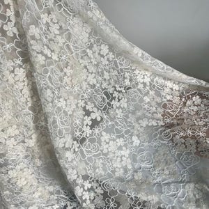 May include: White floral lace fabric with a delicate pattern of small flowers and larger roses. The lace is sheer and has a soft, flowing texture.