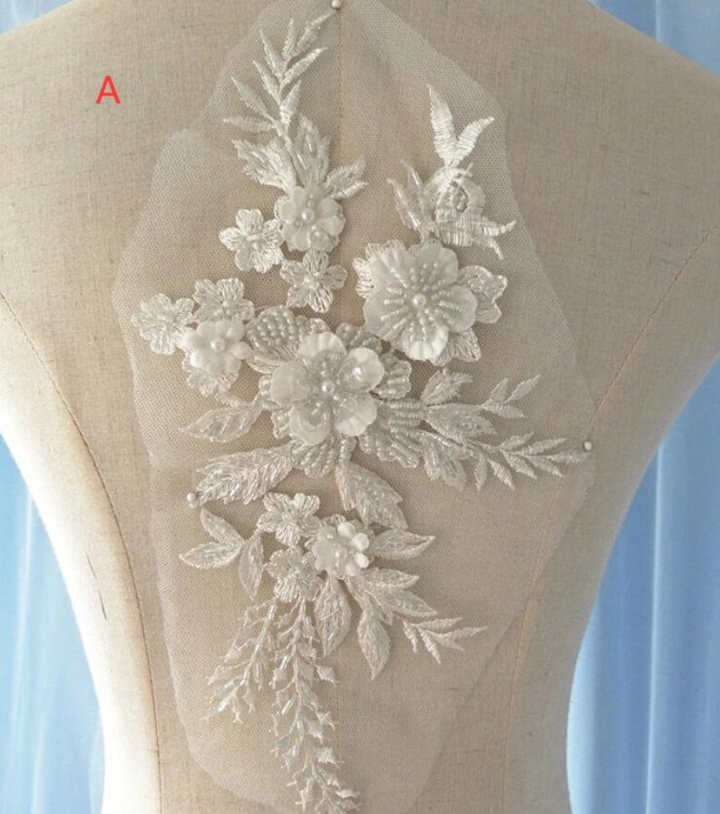 9 color 3D flower sequin bead pearl Lace Applique embroidered bodice lace applique lace bodice for bridal dress altering wedding applique image 2