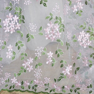 Ivory tulle Pink flower green leaf Gorgeours Lace Fabric Floral Embroidered Tulle Fabric Dress Bridal Veil Floral 51&quot; width 1 yard