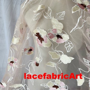 New Arrivel Pink Tulle flower embroidery soft tulle Lace Fabric Floral Embroidered Tulle for Dress Bridal Veil Floral Lace 51&quot; width