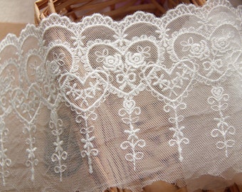 2 yards Lace trim exquisite ivory black heart rose flower tulle embroidery wedding lace bridal lace dress fabric 3.93" width