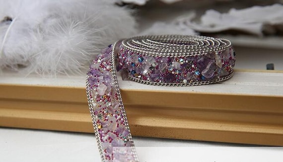 Lace Trim Rhinestone Bead Belt Purple Pearl Exquisite 