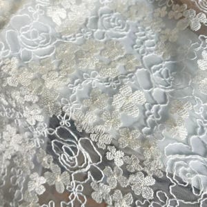 May include: White floral lace fabric with a delicate pattern of embroidered flowers and leaves. The lace has a soft, airy feel and a subtle shimmer.