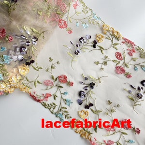 1 Yards Lace Trim White Tulle Colorful Flower Floral Embroidered Scalloped Tulle bridal lace wedding lace 9" width High Quality