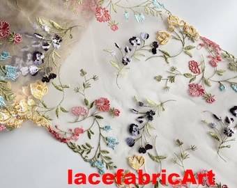 1 Yards Lace Trim White Tulle Colorful Flower Floral Embroidered Scalloped Tulle bridal lace wedding lace 9&quot; width High Quality