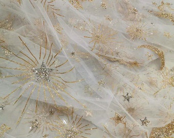 Paillettes d'or étoile lune cheval blanc tulle fleur dentelle tissu floral pour robe robe de bal robe de mariée floral dentelle top 51" largeur