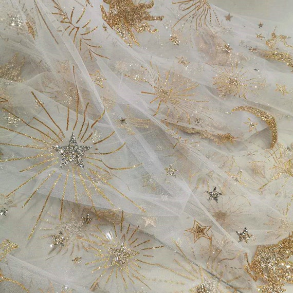 Gold Glitter Sequin Star Moon Horse White Tulle Flower Lace 